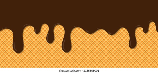 Chocolate ice cream melted on waffle background. Сream melted on waffle background. Sweet ice cream flowing down on cone. Vector Illustration