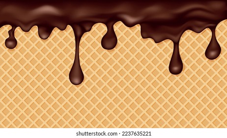 Chocolate ice cream melted on a waffle cone background.