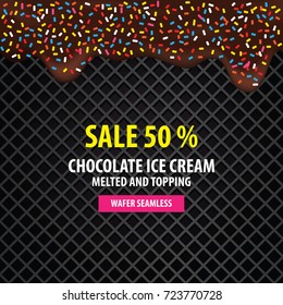 Chocolate ice cream melted and topping on charcoal wafer seamless background vector illustration