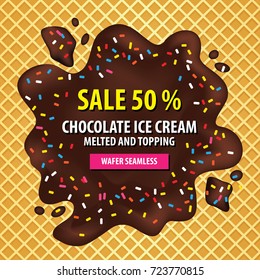 Chocolate ice cream melted and topping on wafer seamless background vector illustration