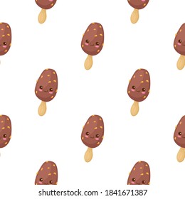 Chocolate Ice Cream with Nuts character seamless pattern. Happy smiling sweet food vector illustration isolated on white background. Card, wrapping paper, t-shirt print. Summer dessert backdrop.