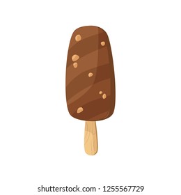 Chocolate ice cream. Nuts, chocolate and wood stick. Food concept. Vector illustration can be used for topics like food, confectionary, sweet shop