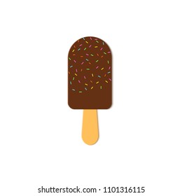 Chocolate Ice Cream on stick in trandy paper cut style. Craft tasty summer icecream on white background for package design, T-shirt printing. Vector card illustration in papercutting art style