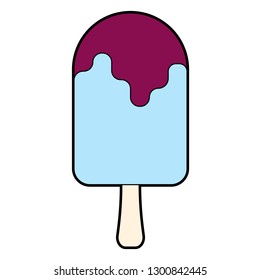 Chocolate ice cream on a stick. Figure in flat style. Icecream icon. Gourmet food. Closeup view. Fresh summer dessert.  Vector illustration isolated on white background.