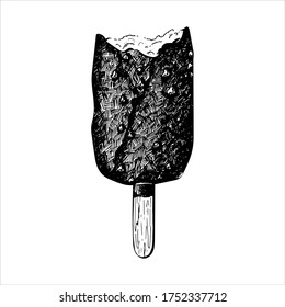 Chocolate ice cream on stick, hand drawn vector illustration, isolated drawing in black and white