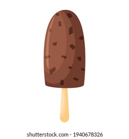 Chocolate ice cream on a stick in cartoon style. Vector illustration isolated on white background.
