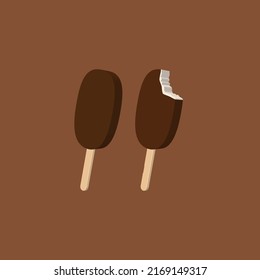 chocolate ice cream on a stick. two ice creams on a wooden stick. one whole ice cream, the second bitten ice cream