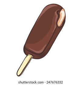 Chocolate ice cream on stick isolated on a white background. Hand drawn vector illustrations