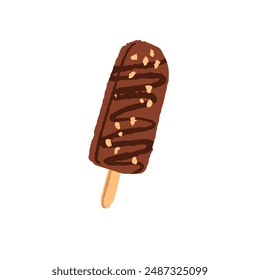 Chocolate ice cream on stick. Delicious icecream on bar. Popsicle with nuts. Frozen milk dessert. Cold summer food for refreshment. Flat isolated hand drawn vector illustration on white background