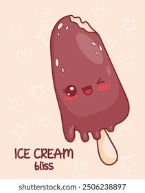 Chocolate ice cream on stick with drops. Cute sweet kawaii cartoon character. Vector illustration. Kids collection