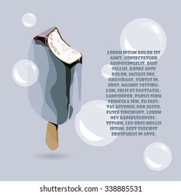 Chocolate ice cream on a stick. With text and bubbles. Vector illustration template.