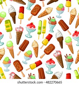 Chocolate ice cream on stick, waffle cone with strawberry and caramel soft serve ice cream, sundae dessert and fruit popsicle seamless pattern background. Food packaging and cafe menu design