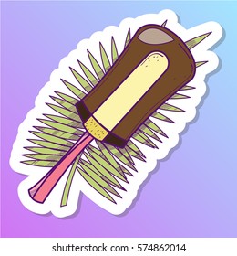 Chocolate ice cream on a stick icon on a light purple background. Sweets style pastel goth.