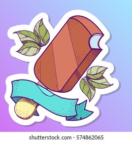 Chocolate ice cream on a stick icon on a light purple background. Sweets style pastel goth.