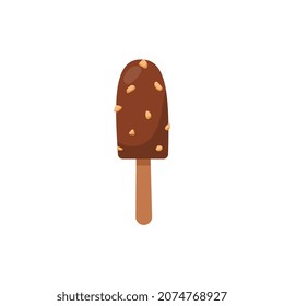 Chocolate ice cream on wooden stick with nut pieces, flat vector illustration isolated on white background. Sweet food or dessert for colorful summer, cafe menu or sticker design.