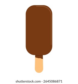 Chocolate ice cream on wooden stick. Cold summer dessert. Flat vector illustration isolated on white background