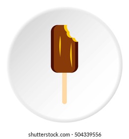 Chocolate ice cream on wooden stick icon. Flat illustration of chocolate ice cream on wooden stick vector icon for web