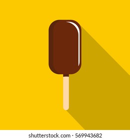 Chocolate ice cream on wooden stick icon. Flat illustration of chocolate ice cream on wooden stick vector icon for web on yellow background
