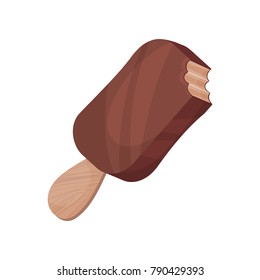 Chocolate ice cream on wooden stick, eskimo pie cartoon vector Illustration