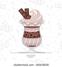 Chocolate ice cream parfait. Vector illustration. Sweet coffee ice cream. Delicious slices of chocolate, milk, yogurt, and granola parfait