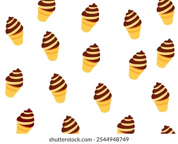 Chocolate ice cream pattern in white background, Cute summer background, Vector Illustration, Sweet ice cream backdrop.