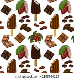 Chocolate and ice cream in a pattern.Cocoa beans and coffee, chocolate and ice cream on a transparent background in a vector seamless pattern.