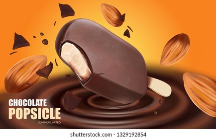 Chocolate ice cream popsicle with almond seeds in vector 3d illustration isolated on solid color background. Of free space for your texts and branding.