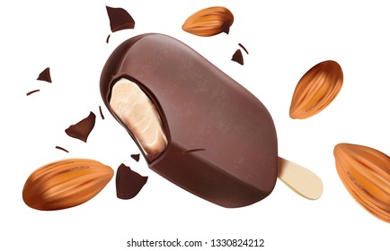 Chocolate ice cream popsicle with almond seeds in vector 3d illustration isolated on white background. Of free space for your texts and branding.