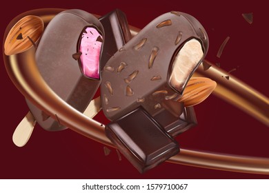 Chocolate ice cream popsicle in the middle isolated on solid color background, Vector realistic in 3d illustration. Food concept.