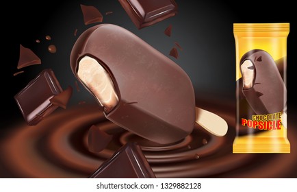 Chocolate ice cream popsicle with packaging in vector 3d illustration isolated on solid color background. Of free space for your texts and branding.
