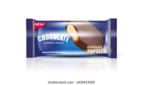 Chocolate ice cream popsicle with packaging isolated on white background. Realistic vector 3D illustration.  Of free space for your texts and branding.