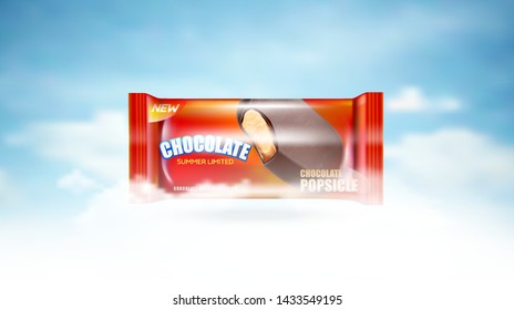 Chocolate ice cream popsicle with packaging isolated on blue sky background. Realistic vector 3D illustration. Of free space for your texts and branding.