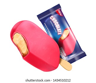 Chocolate ice cream popsicle with packaging isolated on white background. Realistic vector 3D illustration. Of free space for your texts and branding.