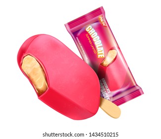 Chocolate ice cream popsicle with packaging isolated on white background. Realistic vector 3D illustration. Of free space for your texts and branding.