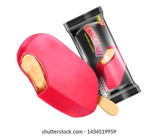Chocolate ice cream popsicle with packaging isolated on white background. Realistic vector 3D illustration. Of free space for your texts and branding.