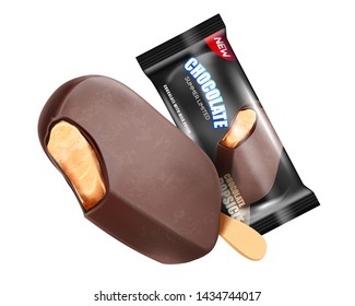 Chocolate ice cream popsicle with packaging isolated on white background. Realistic vector 3D illustration. Free space for your texts and branding.