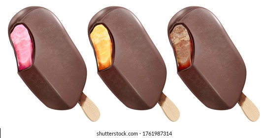 Chocolate ice cream popsicle set isolated on white background. Realistic vector 3D illustration.