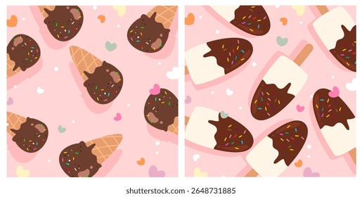 Chocolate ice cream and popsicle set. Tasty and sweet ice cream cartoon.  Cute illustration