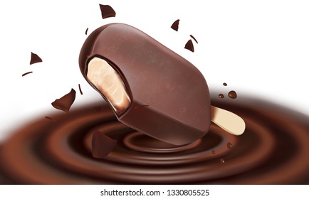 Chocolate ice cream popsicle in vector 3d illustration isolated on white background. Of free space for your texts and branding.