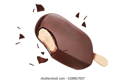 Chocolate ice cream popsicle in vector 3d illustration isolated on white background. Of free space for your texts and branding.