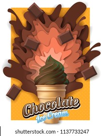 Chocolate ice cream poster design template. Vector paper cut ice cream cone with molten chocolate splashes and chocolate pieces.