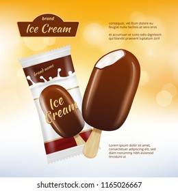 Chocolate ice cream poster design. Realistic pictures of chocolate advertising with food package. Vector icecream with chocolate dessert illustration