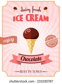 Chocolate ice cream premium quality dairy fresh flat poster vector illustration