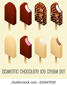Chocolate ice cream realistic isometric icons set