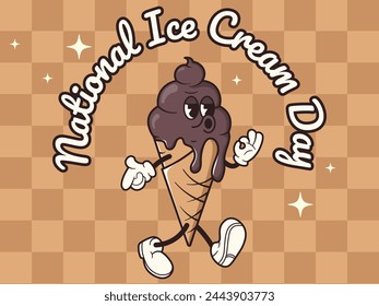 Chocolate Ice Cream in Retro Style. National chocolate Ice Cream Day Vector illustration with groovy mascot