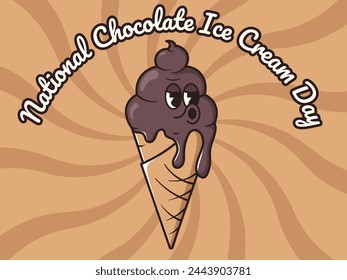 Chocolate Ice Cream in Retro Style. National chocolate Ice Cream Day Vector illustration with groovy mascot