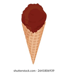 Chocolate ice cream scoop with a crisp waffle cone isolated on white background. Delicious ice cream. Tasty summer dessert icon for menu, packaging or food design. Vector illustration