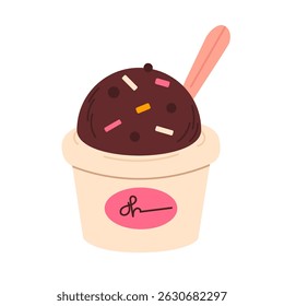 Chocolate ice cream scoop with sprinkles in paper cup and spoon on white background, ideal for dessert visuals and menu designs