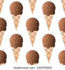 Chocolate ice cream seamless pattern vector illustration. Ice cream ball in a waffle cup seamless background, pattern for textile, fabric, wrapping paper, wallpaper, packaging. Vector EPS 10.