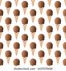 Chocolate ice cream seamless pattern vector illustration. Ice cream ball in a waffle cup seamless background, pattern for textile, fabric, wrapping paper, wallpaper, packaging. Vector EPS 10.